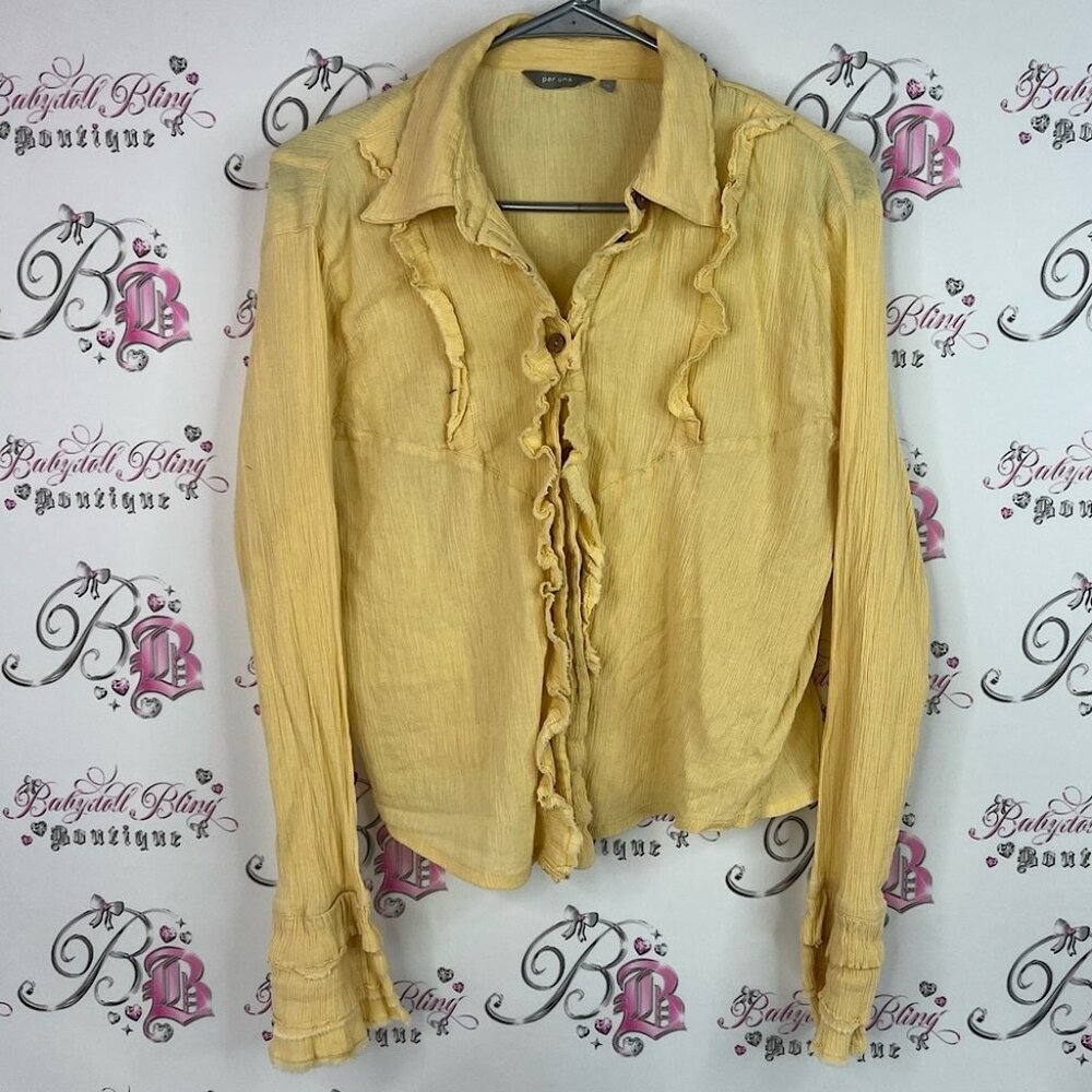 Per Una button up ruffles long sleeve flare sleeve Mustard Ruffled Blouse